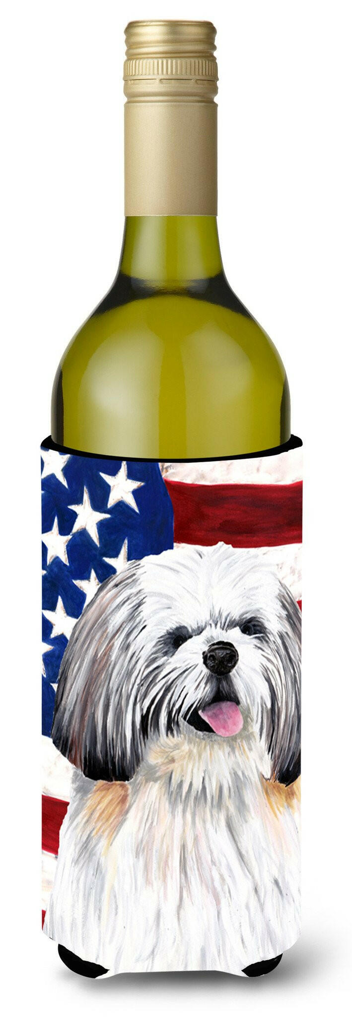 USA American Flag with Shih Tzu Wine Bottle Beverage Insulator Beverage Insulator Hugger SC9028LITERK by Caroline&#39;s Treasures