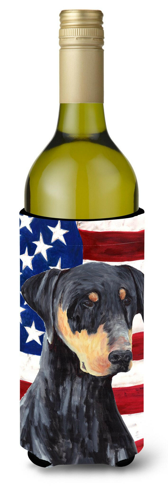 USA American Flag with Doberman Wine Bottle Beverage Insulator Beverage Insulator Hugger by Caroline&#39;s Treasures