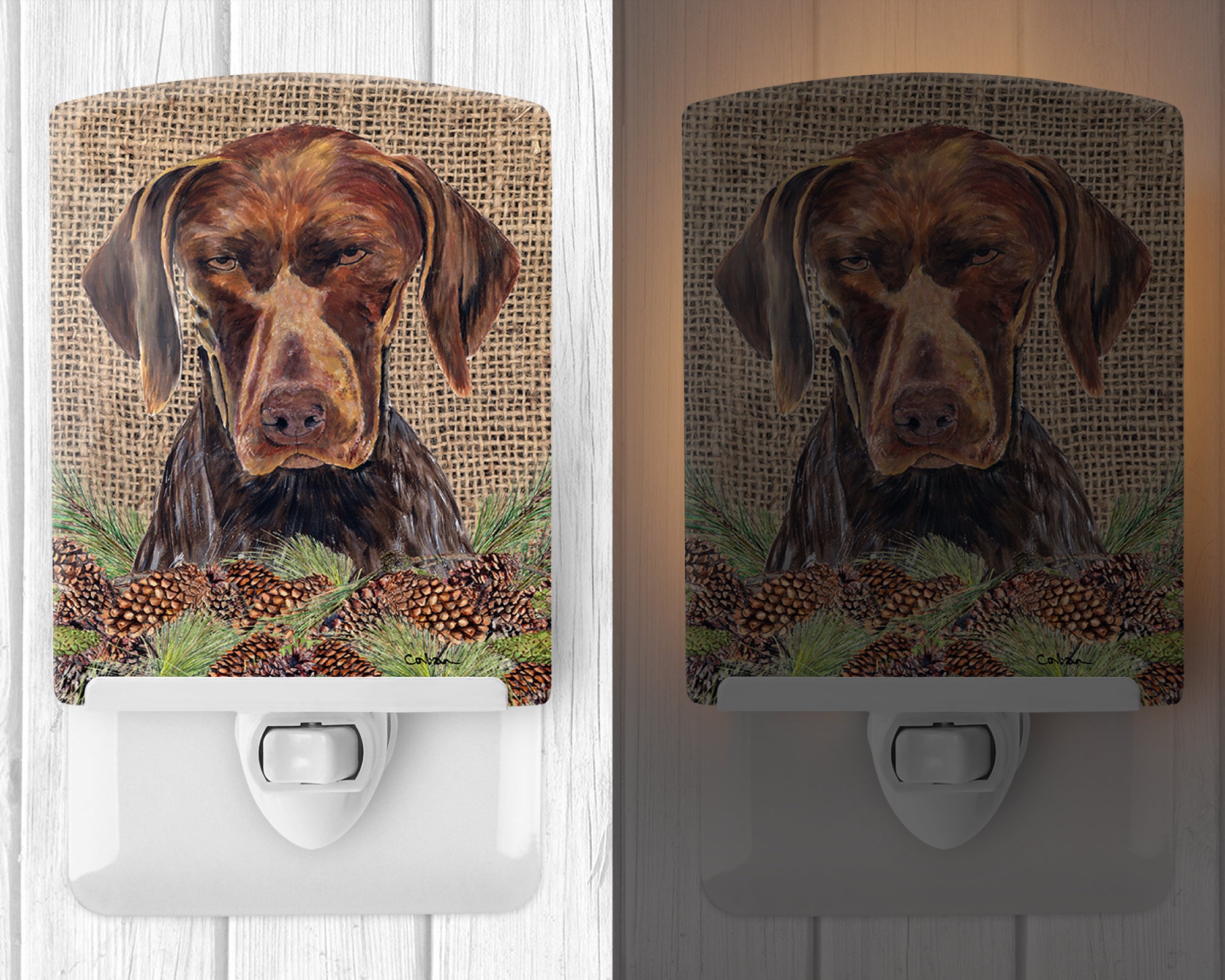 German Shorthaired Pointer Faux Burlap and Pine cones Ceramic Night Light SC9035CNL - the-store.com