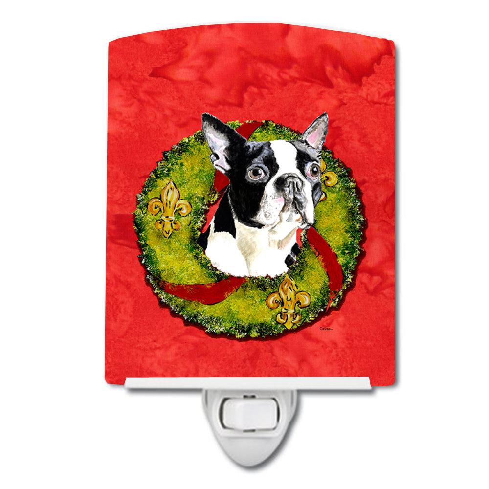 Boston Terrier Christmas Wreath Ceramic Night Light SC9097CNL - the-store.com