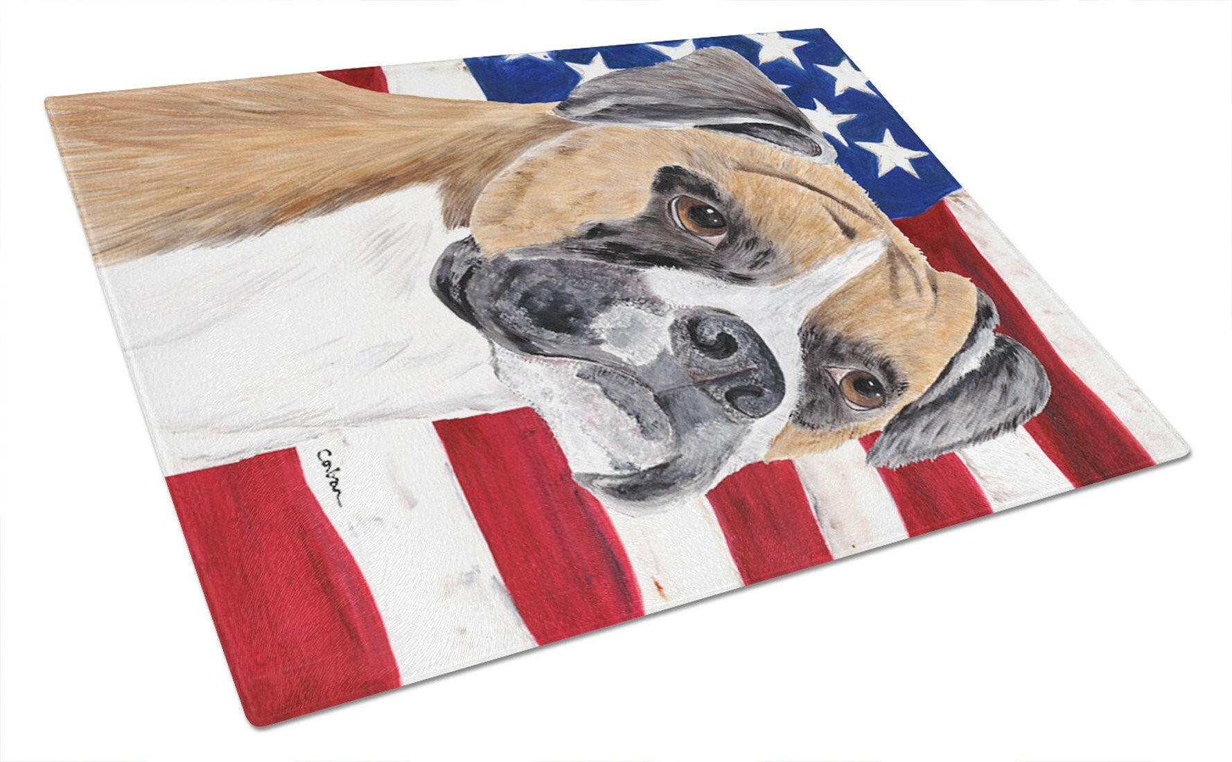 USA American Flag with Boxer Glass Cutting Board Large by Caroline's Treasures