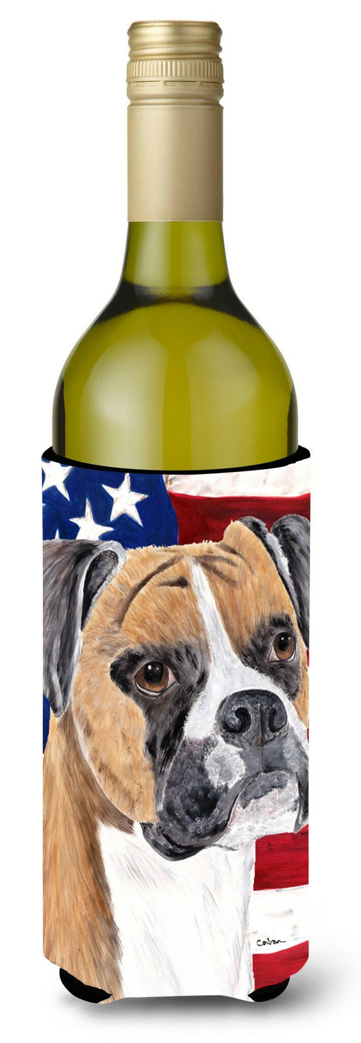 USA American Flag with Boxer Wine Bottle Beverage Insulator Beverage Insulator Hugger by Caroline&#39;s Treasures