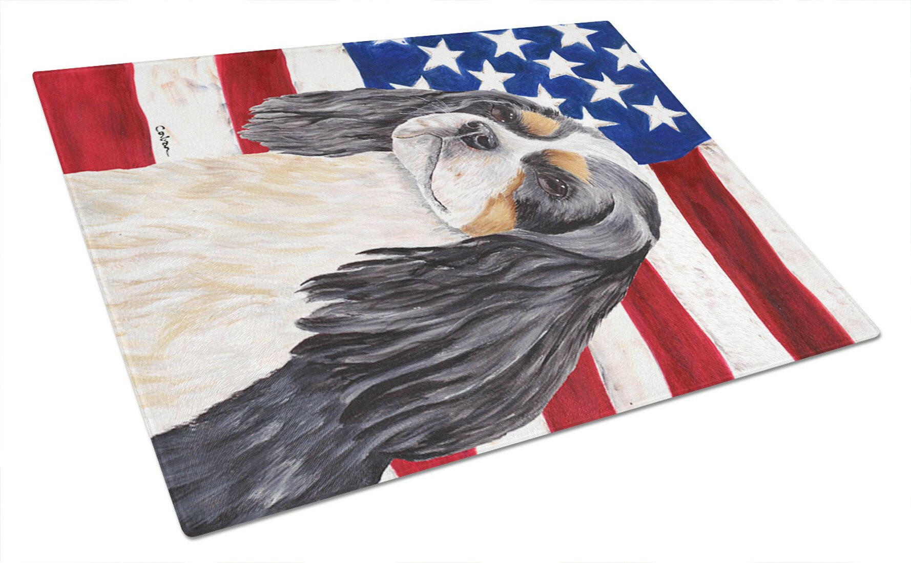 USA American Flag with Cavalier Spaniel Glass Cutting Board Large by Caroline's Treasures