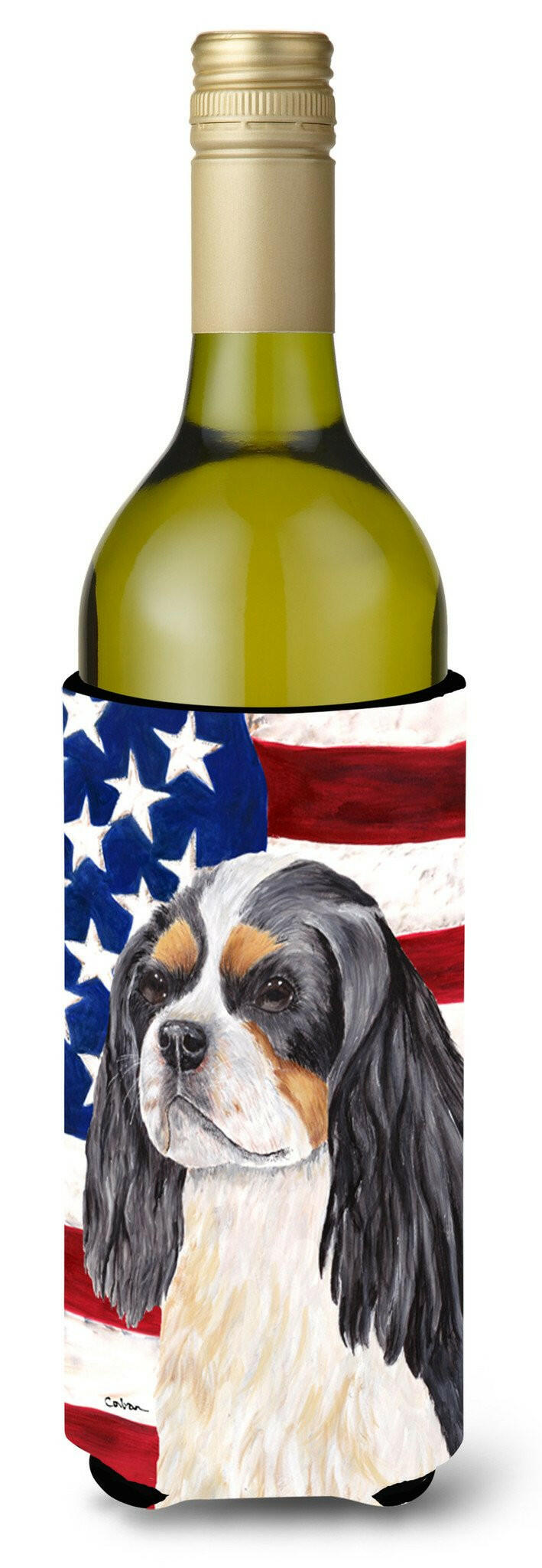 USA American Flag with Cavalier Spaniel Wine Bottle Beverage Insulator Beverage Insulator Hugger by Caroline&#39;s Treasures