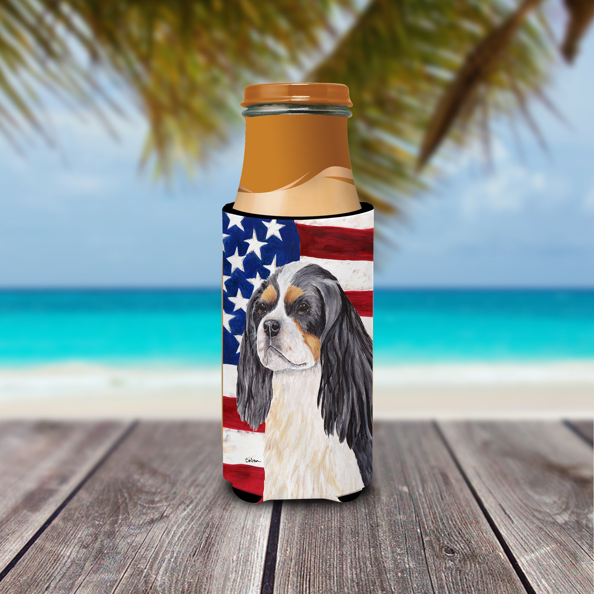 USA American Flag with Cavalier Spaniel Ultra Beverage Insulators for slim cans SC9114MUK.