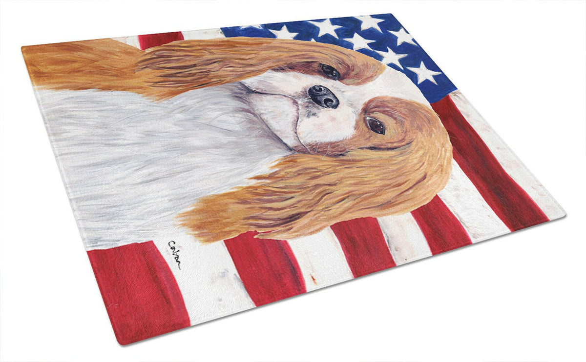 USA American Flag with Cavalier Spaniel Glass Cutting Board Large by Caroline&#39;s Treasures