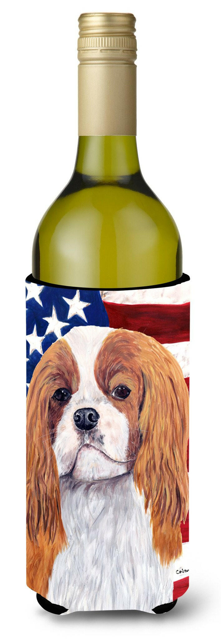 USA American Flag with Cavalier Spaniel Wine Bottle Beverage Insulator Beverage Insulator Hugger SC9115LITERK by Caroline&#39;s Treasures
