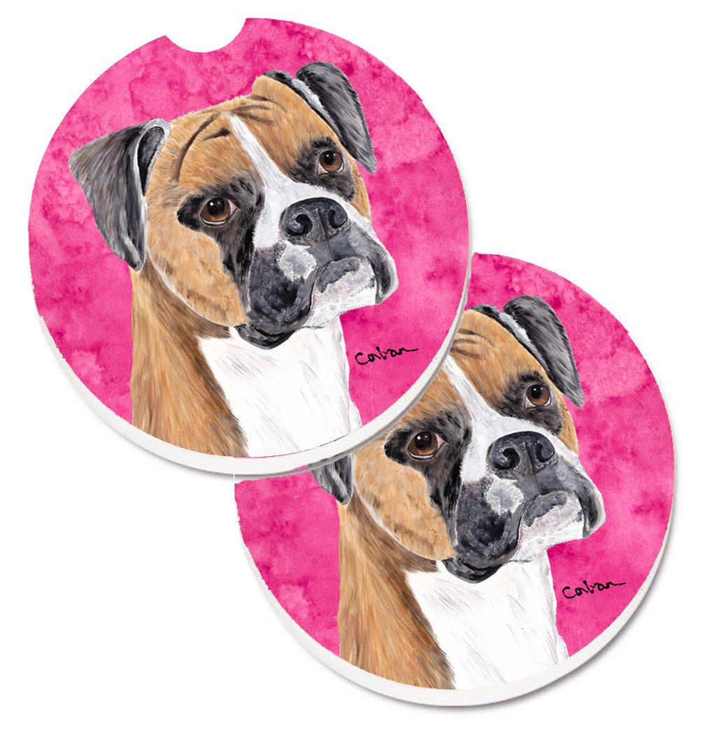 Pink Boxer Set of 2 Cup Holder Car Coasters SC9121PKCARC by Caroline&#39;s Treasures