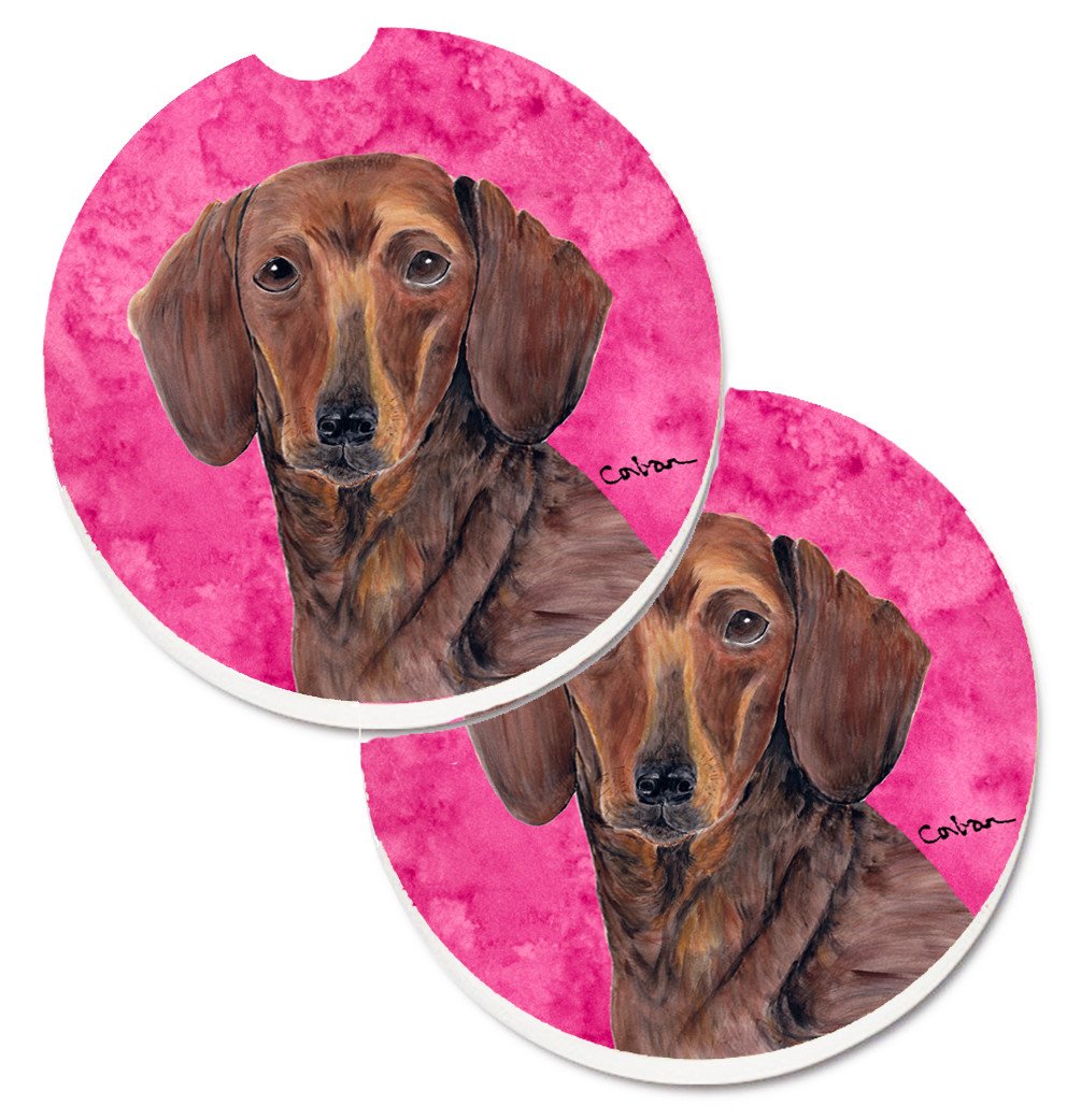 Pink Dachshund Set of 2 Cup Holder Car Coasters SC9137PKCARC by Caroline&#39;s Treasures