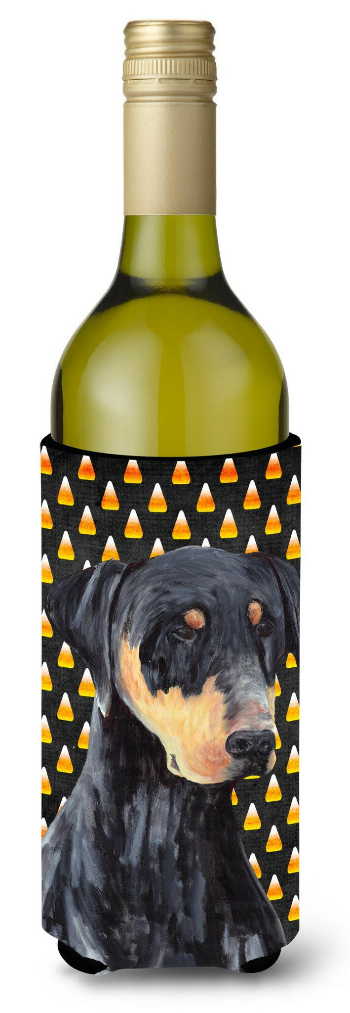 Doberman Natural Ears Candy Corn Halloween Portrait Wine Bottle Beverage Insulator Beverage Insulator Hugger by Caroline&#39;s Treasures