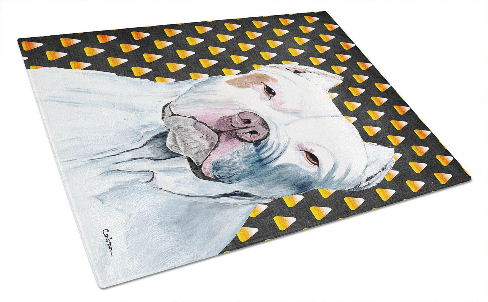 Caroline's Treasures Pit Bull Candy Corn Halloween Portrait Glass Cutting Boards – Durable, Decorative Kitchen Art Large