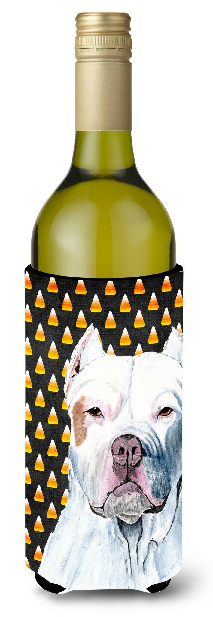 Pit Bull Candy Corn Halloween Portrait Wine Bottle Beverage Insulator Beverage Insulator Hugger by Caroline&#39;s Treasures