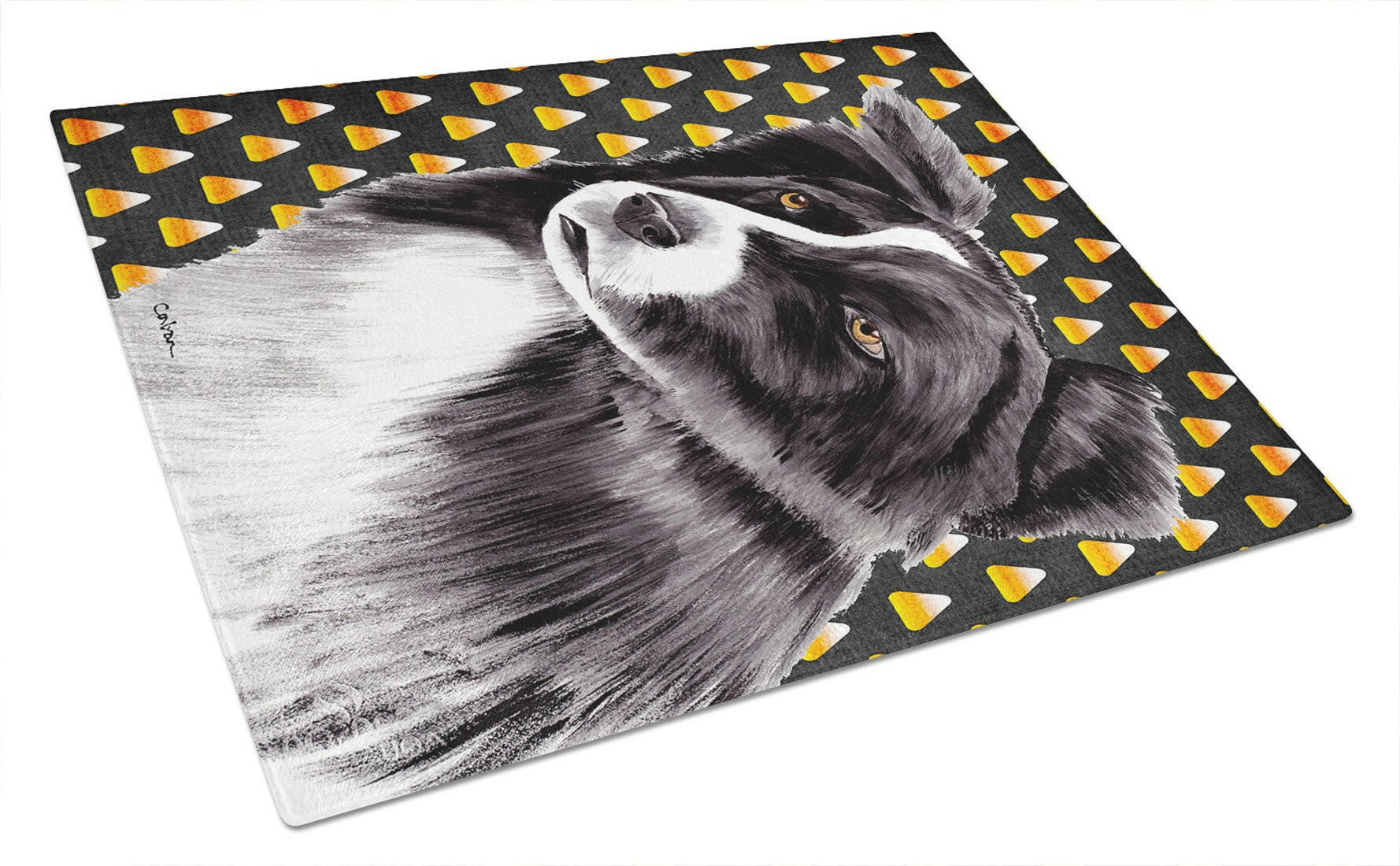 Border Collie Candy Corn Halloween Portrait Glass Cutting Board Large by Caroline's Treasures