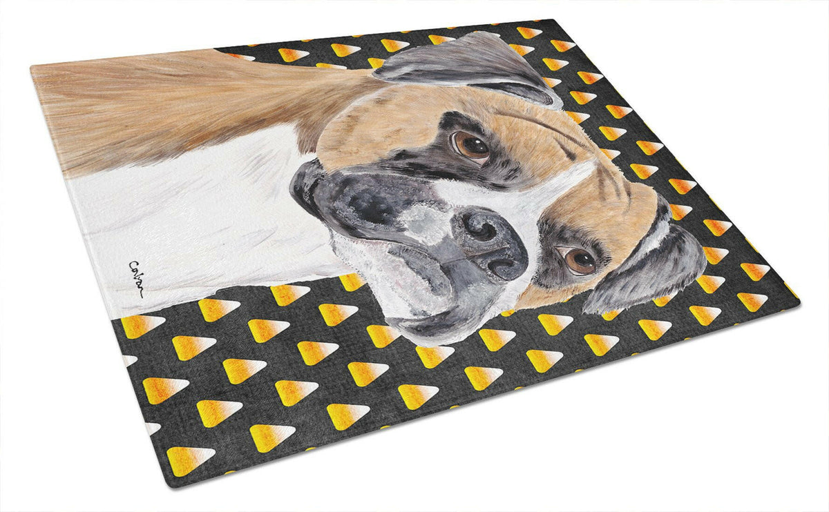 Boxer Fawn Uncropped Ears Candy Corn Halloween  Glass Cutting Board Large by Caroline&#39;s Treasures