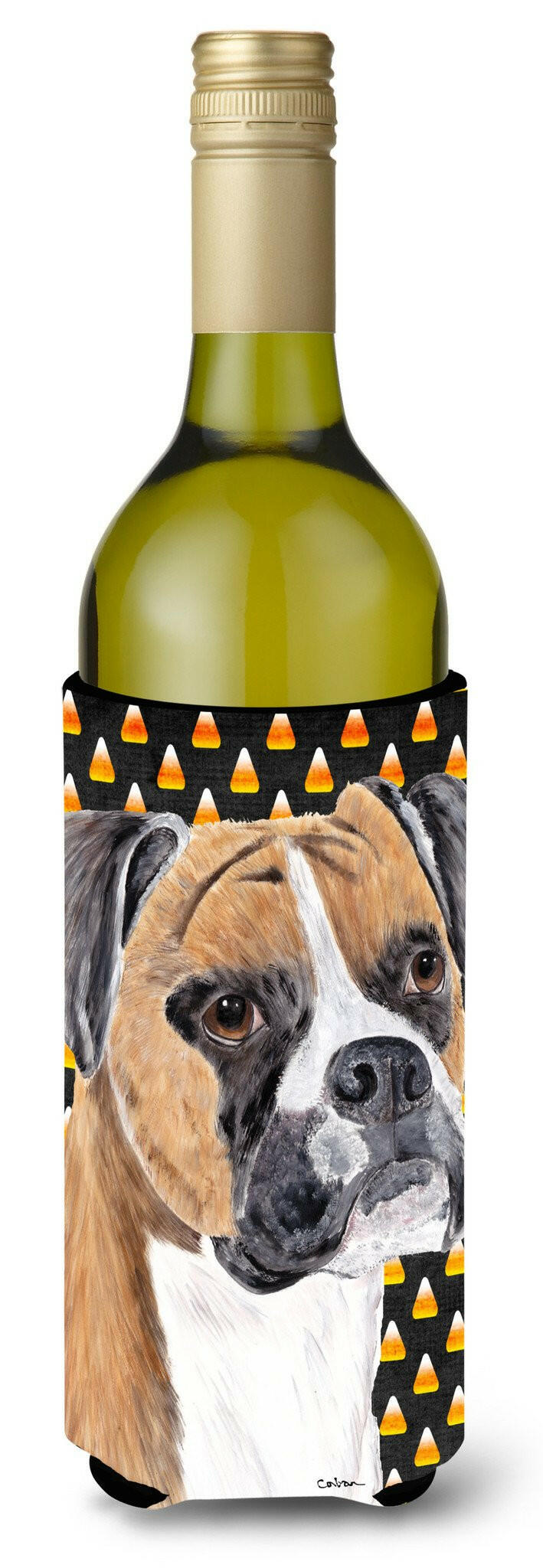 Boxer Fawn Uncropped Ears Candy Corn Halloween Wine Bottle Beverage Insulator Beverage Insulator Hugger by Caroline&#39;s Treasures