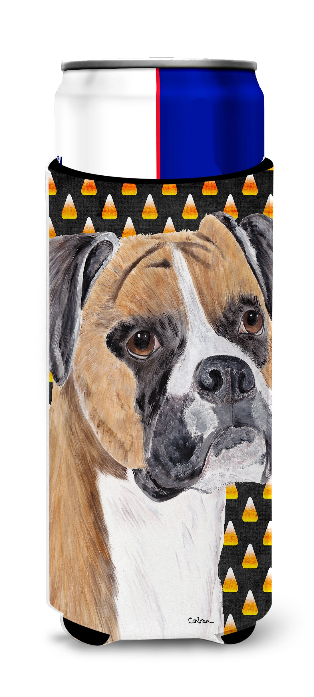 Boxer Fawn Uncropped Ears Candy Corn Halloween Portrait Ultra Beverage Insulators for slim cans SC9191MUK.