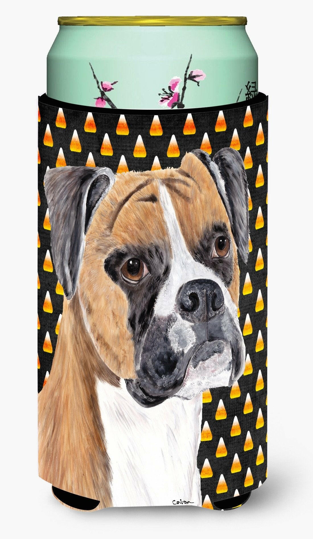 Boxer Fawn Uncropped Ears Candy Corn Halloween Portrait  Tall Boy Beverage Insulator Beverage Insulator Hugger by Caroline's Treasures