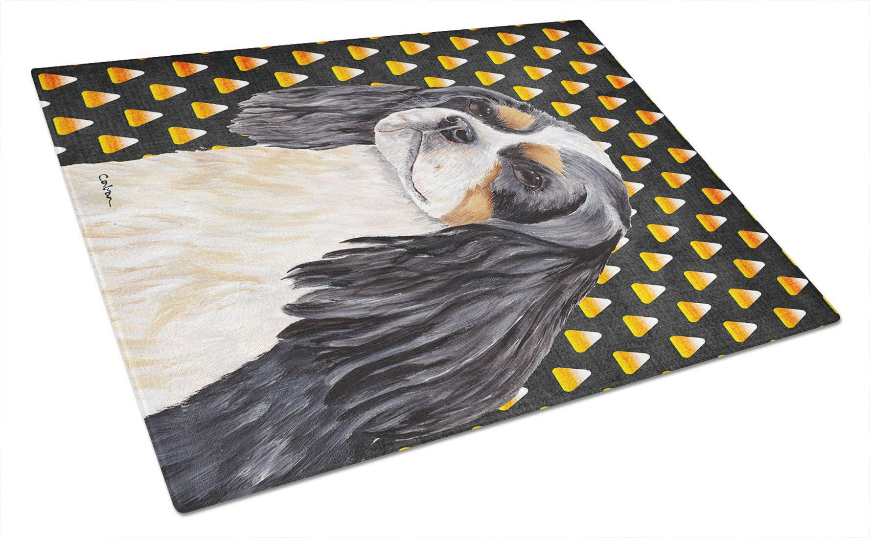 Cavalier Spaniel Tricolor Candy Corn Halloween Glass Cutting Board Large by Caroline's Treasures