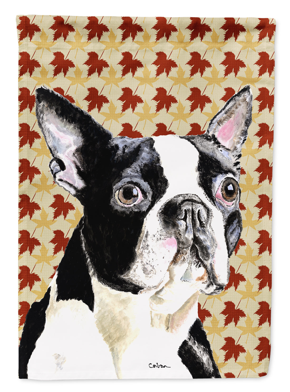 Boston Terrier Fall Leaves Portrait Flag Canvas House Size  the-store.com.