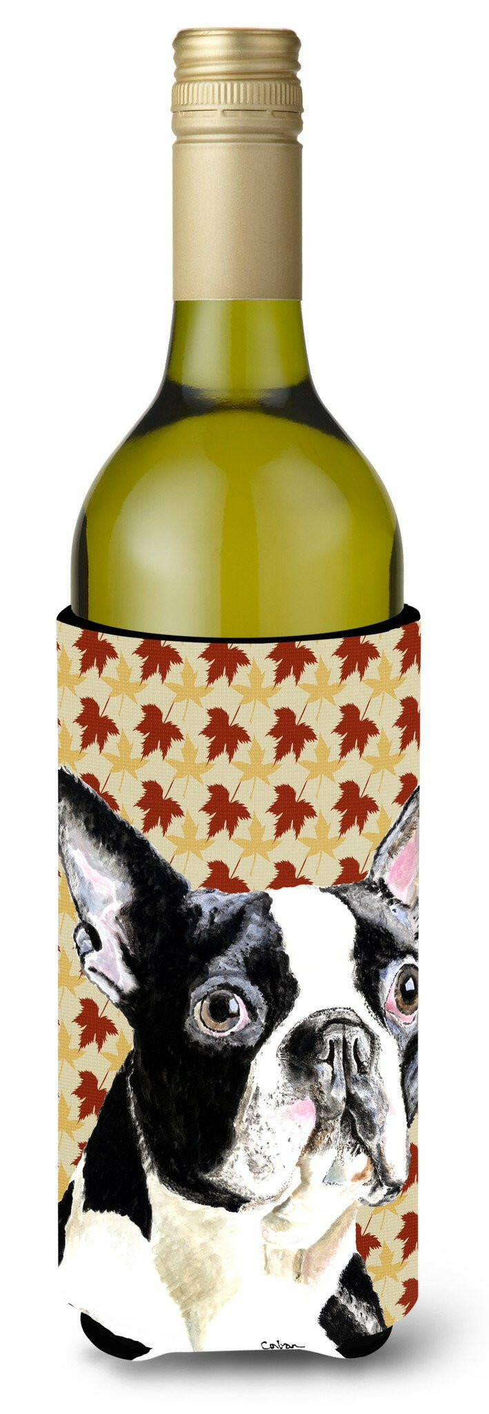 Boston Terrier Fall Leaves Portrait Wine Bottle Beverage Insulator Beverage Insulator Hugger by Caroline&#39;s Treasures