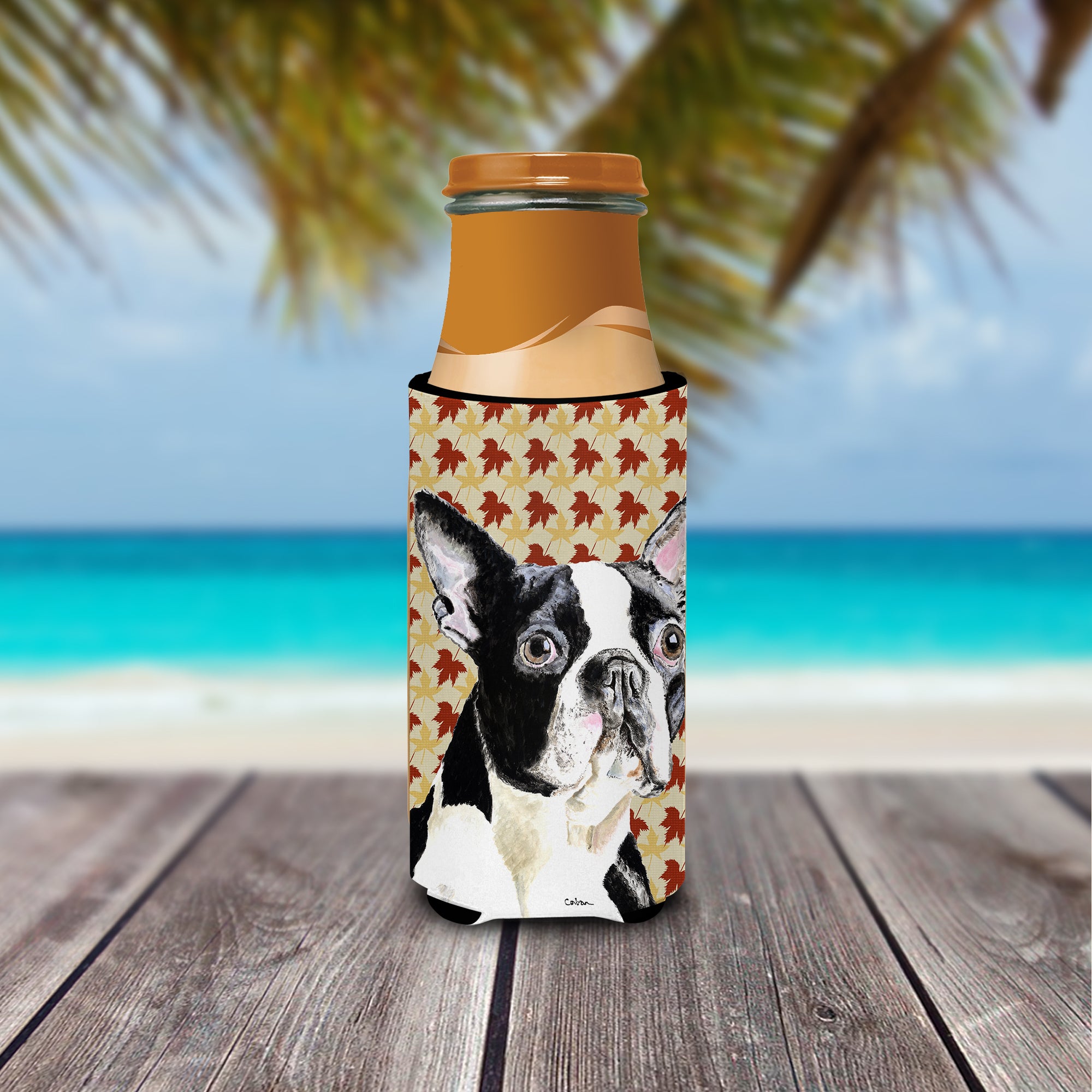 Boston Terrier Fall Leaves Portrait Ultra Beverage Insulators for slim cans SC9200MUK.