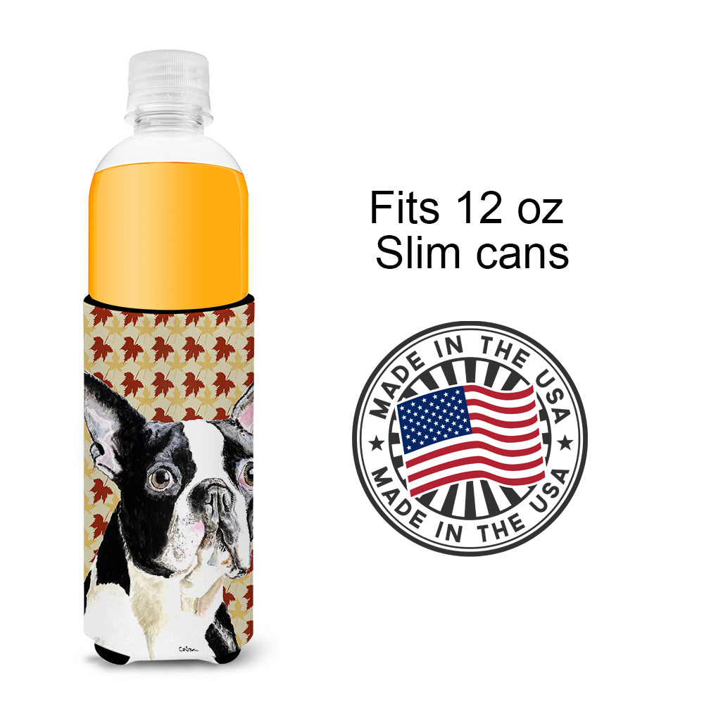 Boston Terrier Fall Leaves Portrait Ultra Beverage Insulators for slim cans SC9200MUK.