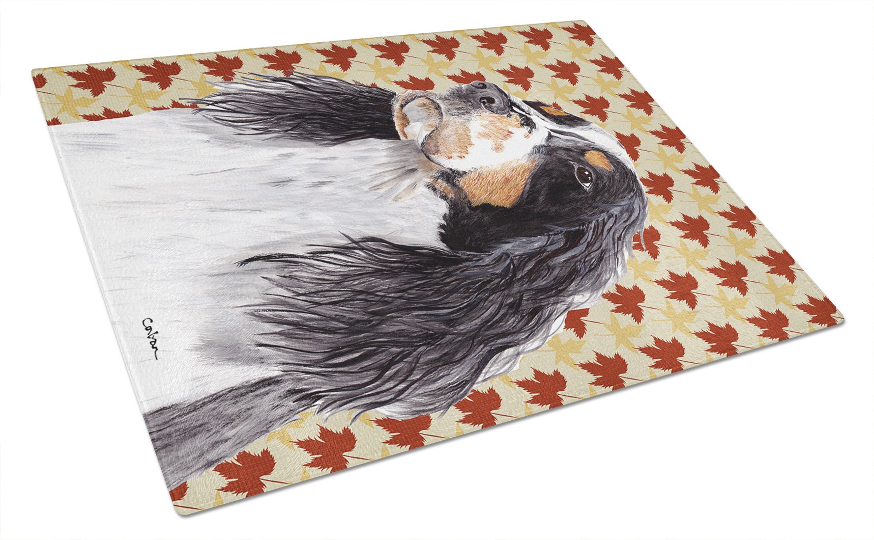 Springer Spaniel Fall Leaves Portrait Glass Cutting Board Large by Caroline's Treasures