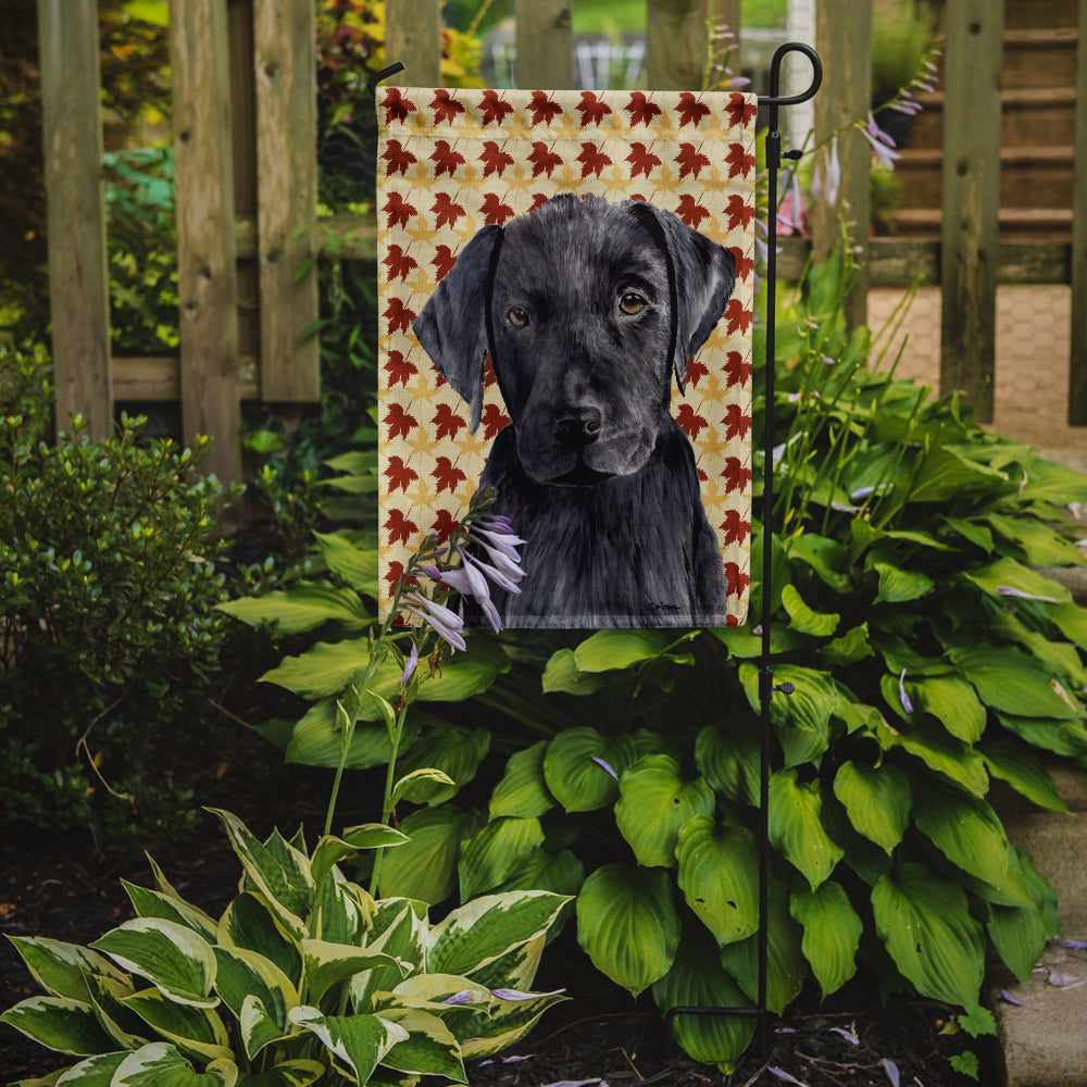 Labrador Black Fall Leaves Portrait Flag Garden Size.