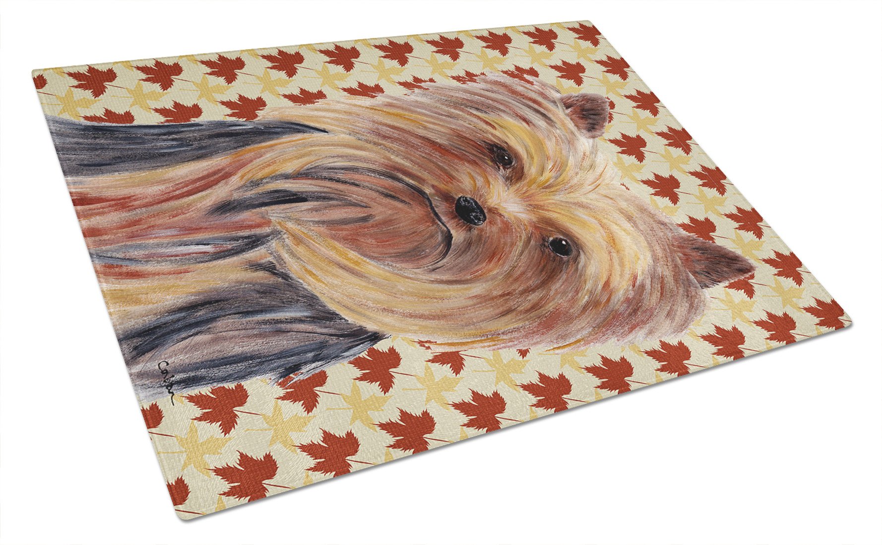 Yorkie Fall Leaves Portrait Glass Cutting Board Large by Caroline's Treasures
