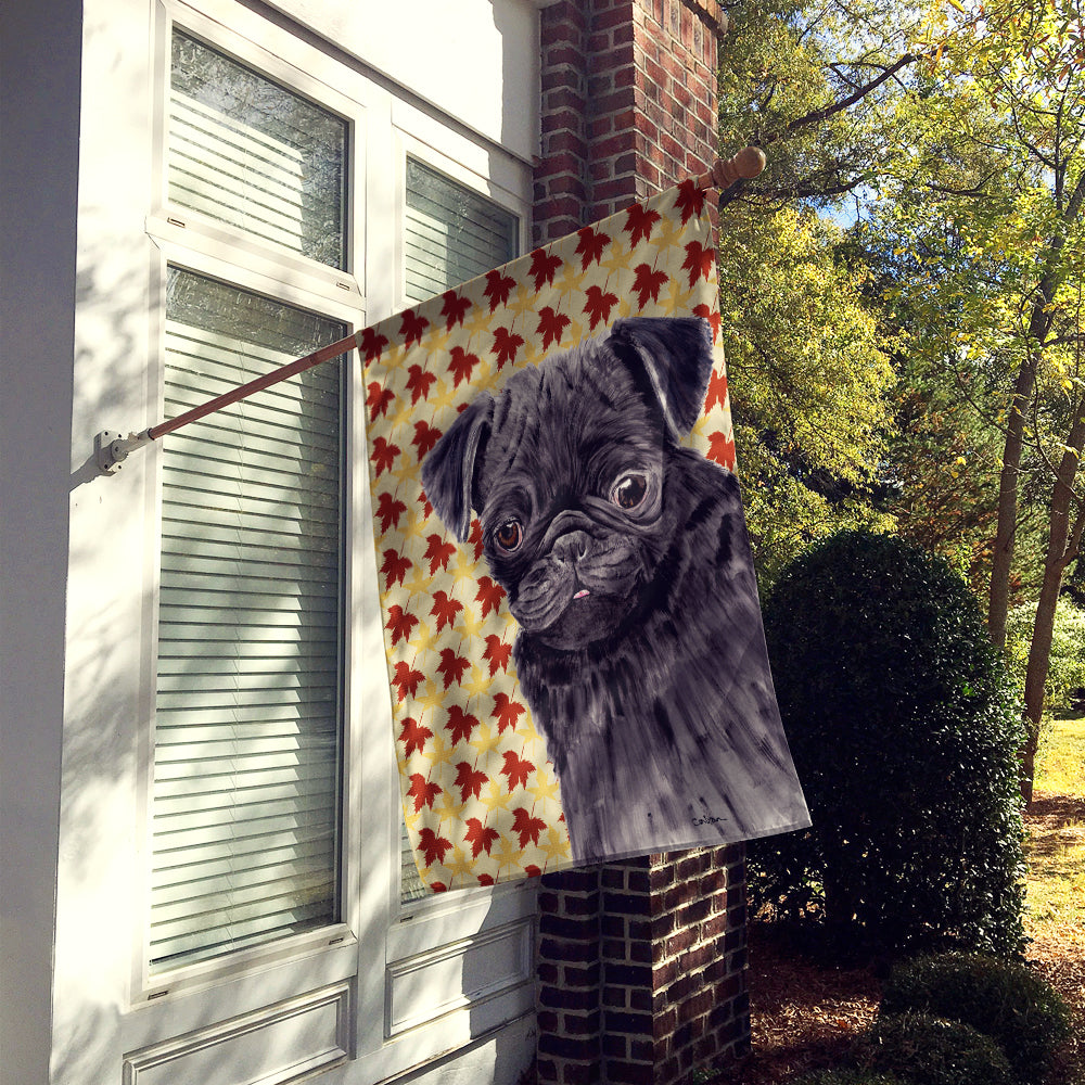 Pug Black Fall Leaves Portrait Flag Canvas House Size