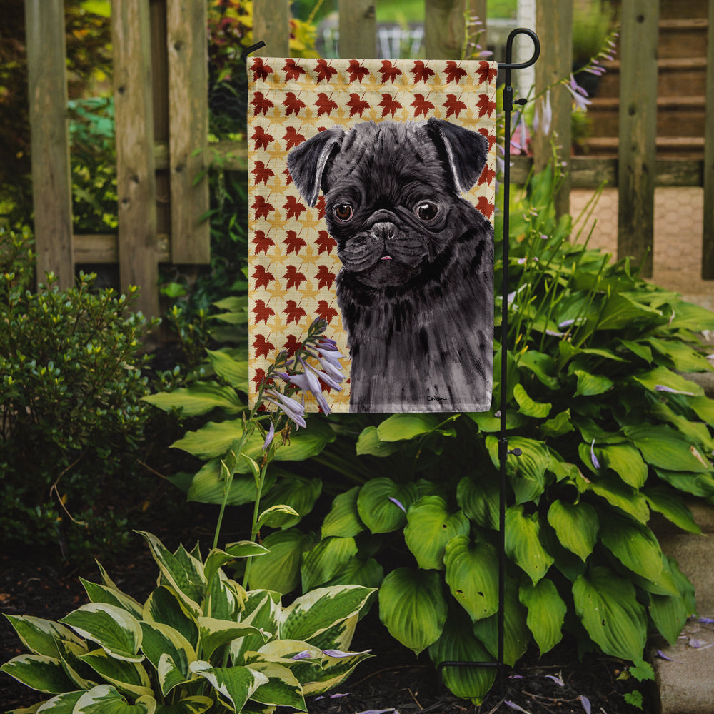 Pug Black Fall Leaves Portrait Flag Garden Size.
