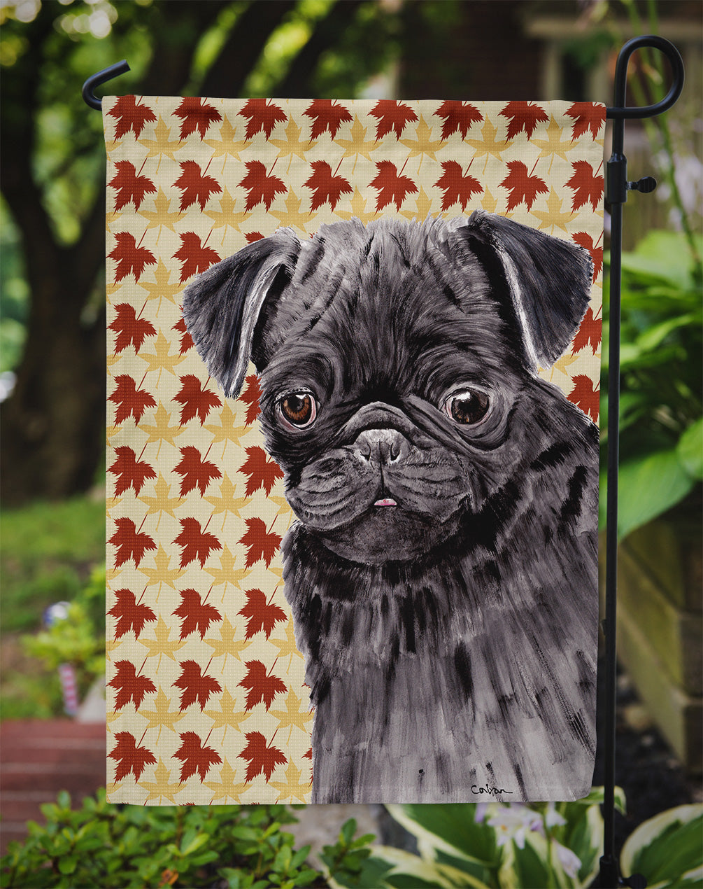 Pug Black Fall Leaves Portrait Flag Garden Size