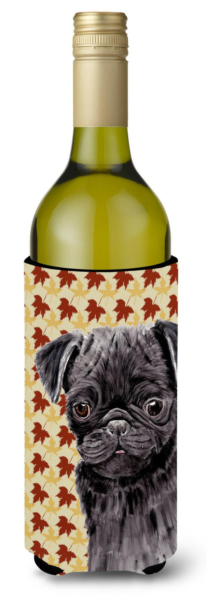 Pug Black Fall Leaves Portrait Wine Bottle Beverage Insulator Beverage Insulator Hugger by Caroline&#39;s Treasures