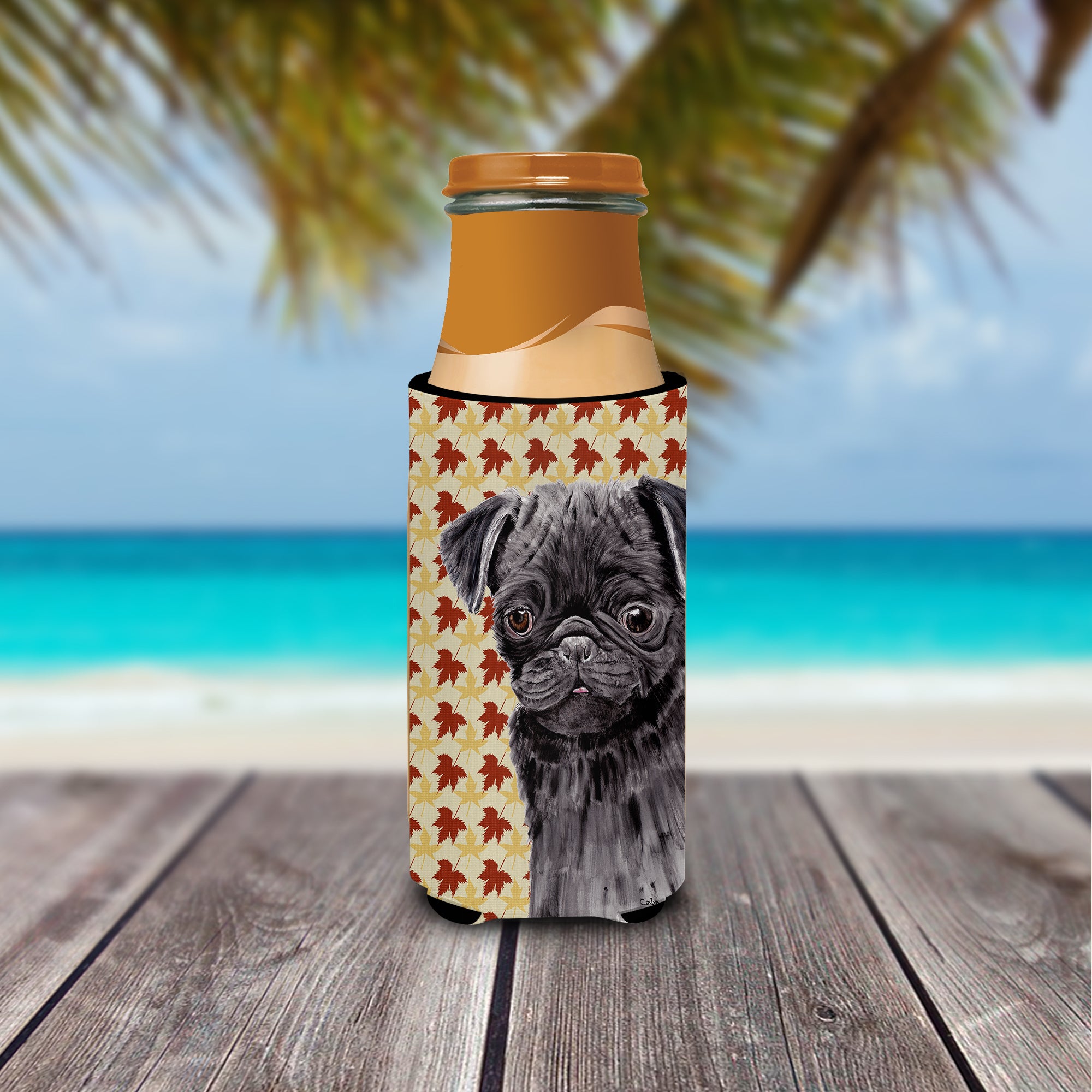Pug Black Fall Leaves Portrait Ultra Beverage Insulators for slim cans SC9206MUK.