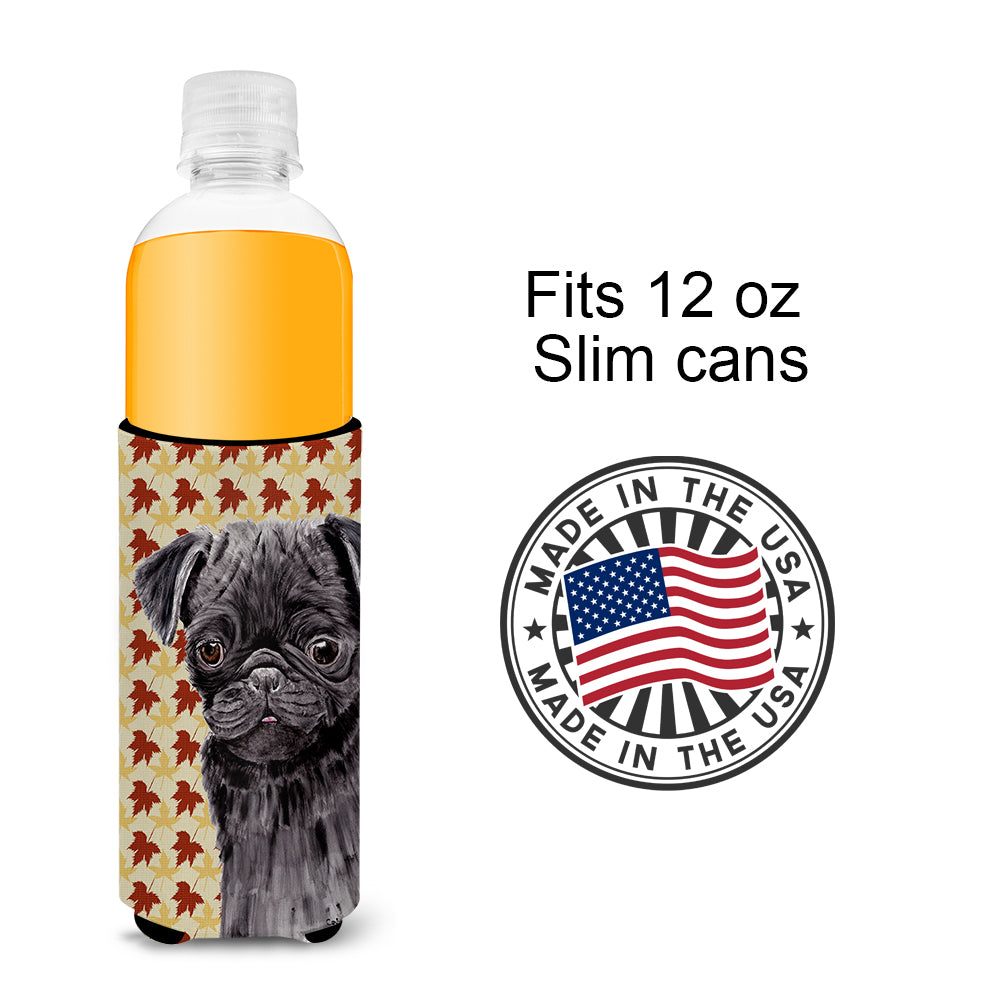 Pug Black Fall Leaves Portrait Ultra Beverage Insulators for slim cans SC9206MUK.