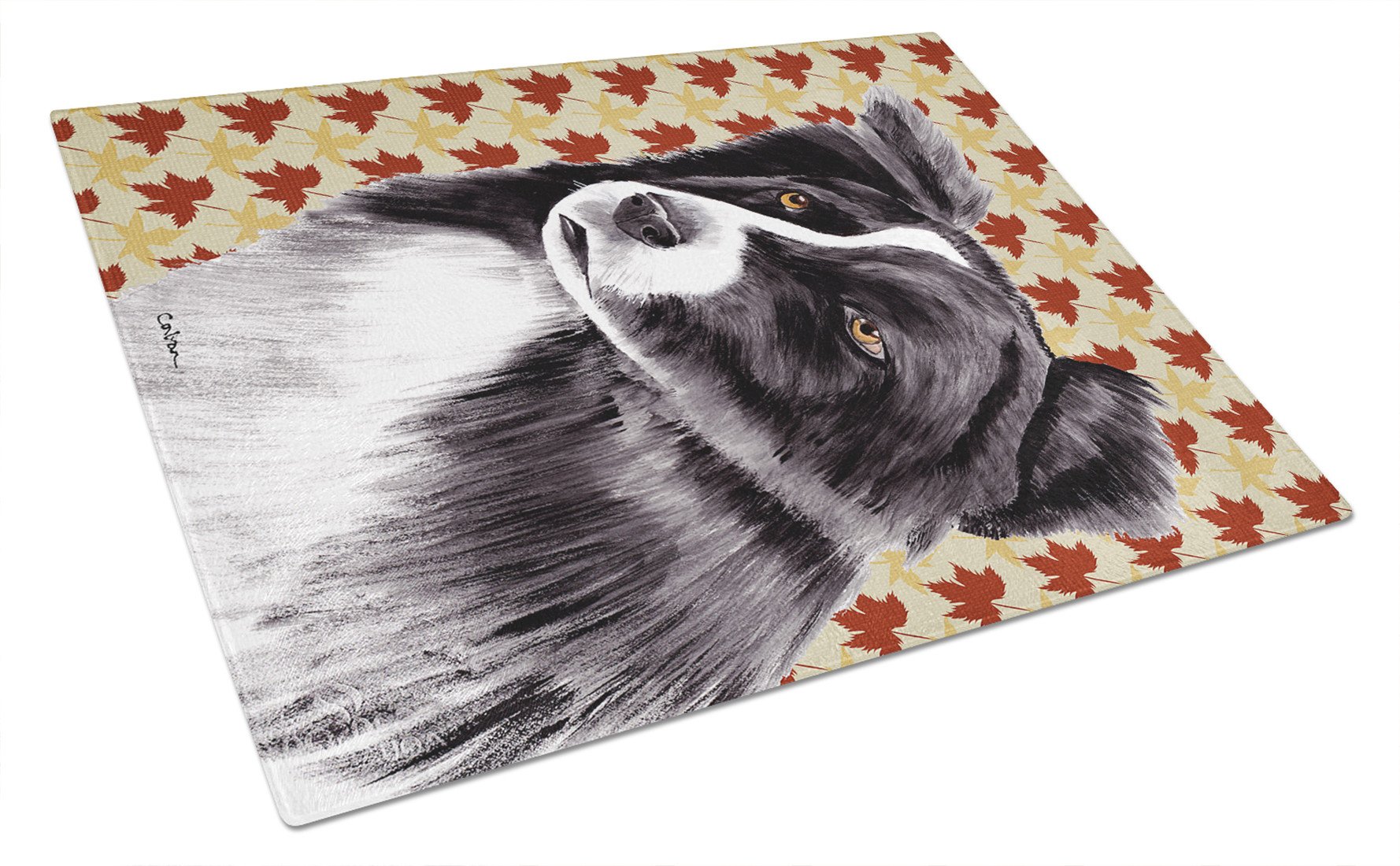 Border Collie Fall Leaves Portrait Glass Cutting Board Large by Caroline's Treasures