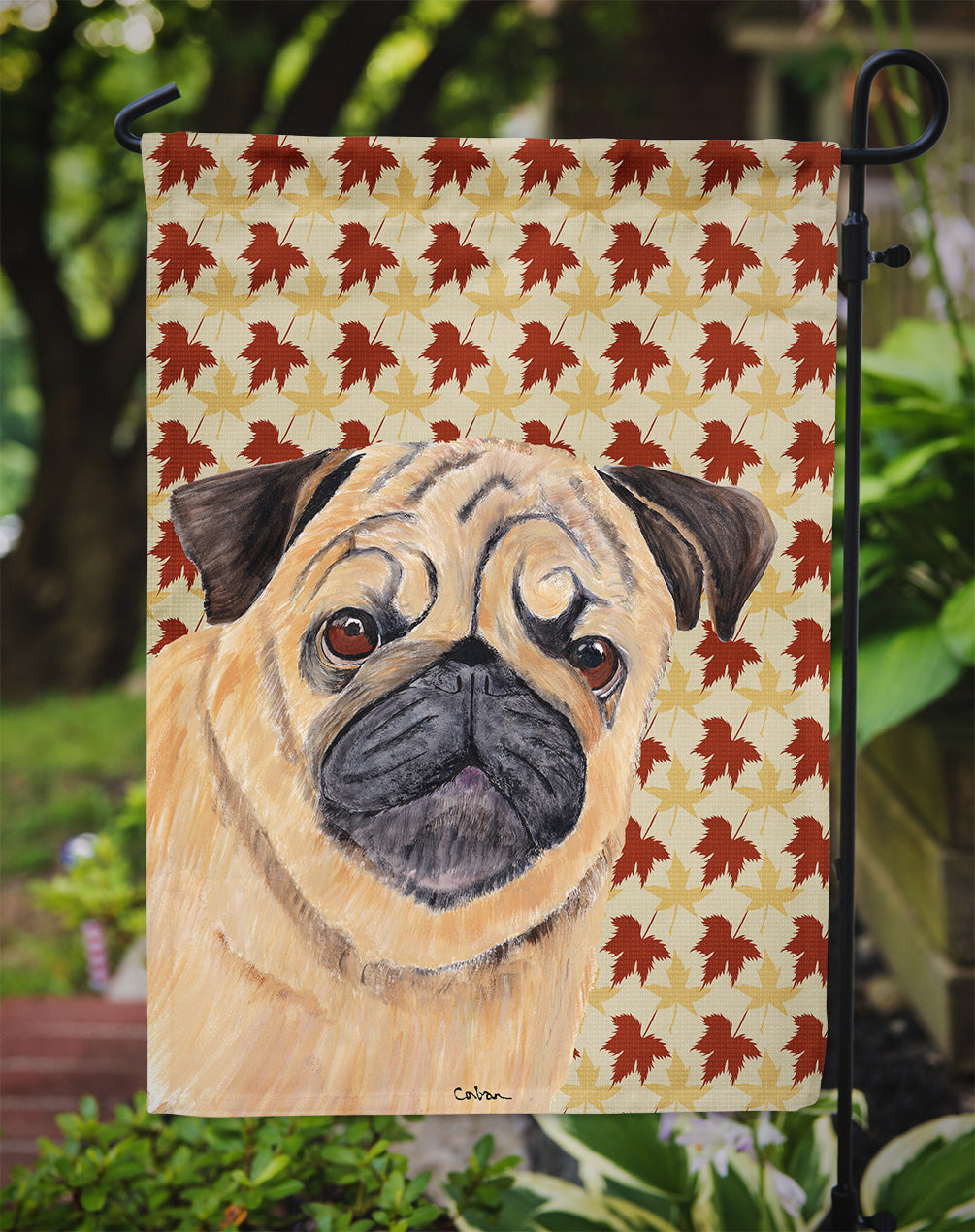 Pug Fall Leaves Portrait Flag Garden Size.