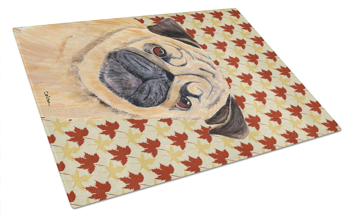 Pug Fall Leaves Portrait Glass Cutting Board Large by Caroline&#39;s Treasures