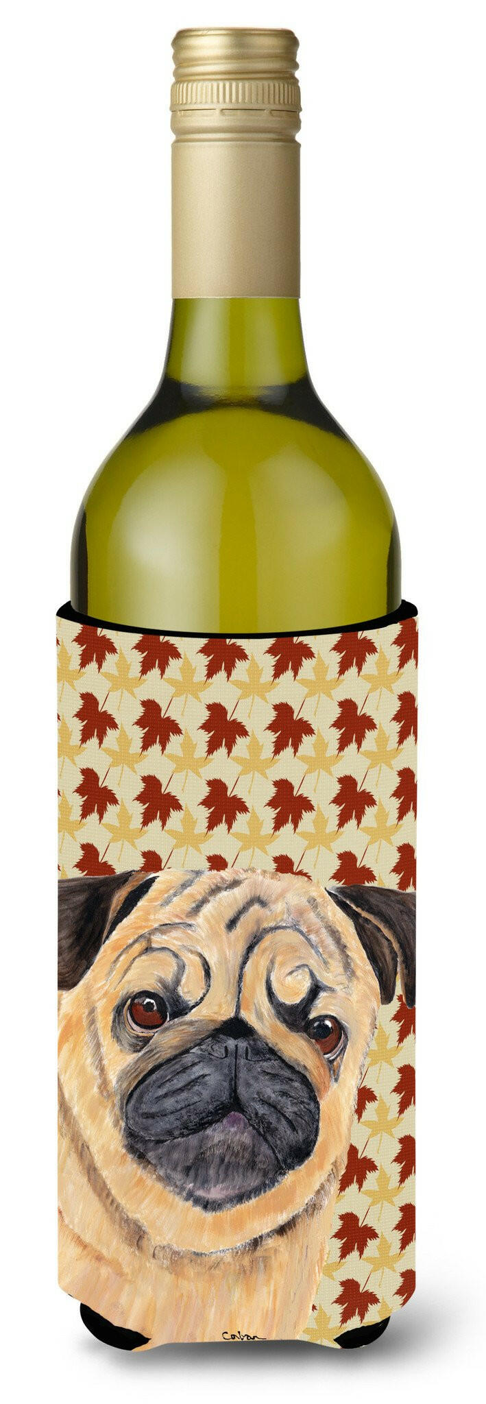 Pug Fall Leaves Portrait Wine Bottle Beverage Insulator Beverage Insulator Hugger SC9211LITERK by Caroline&#39;s Treasures