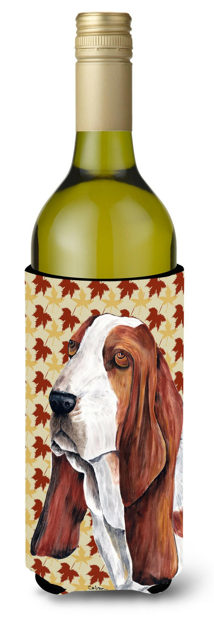 Basset Hound Fall Leaves Portrait Wine Bottle Beverage Insulator Beverage Insulator Hugger SC9212LITERK by Caroline&#39;s Treasures
