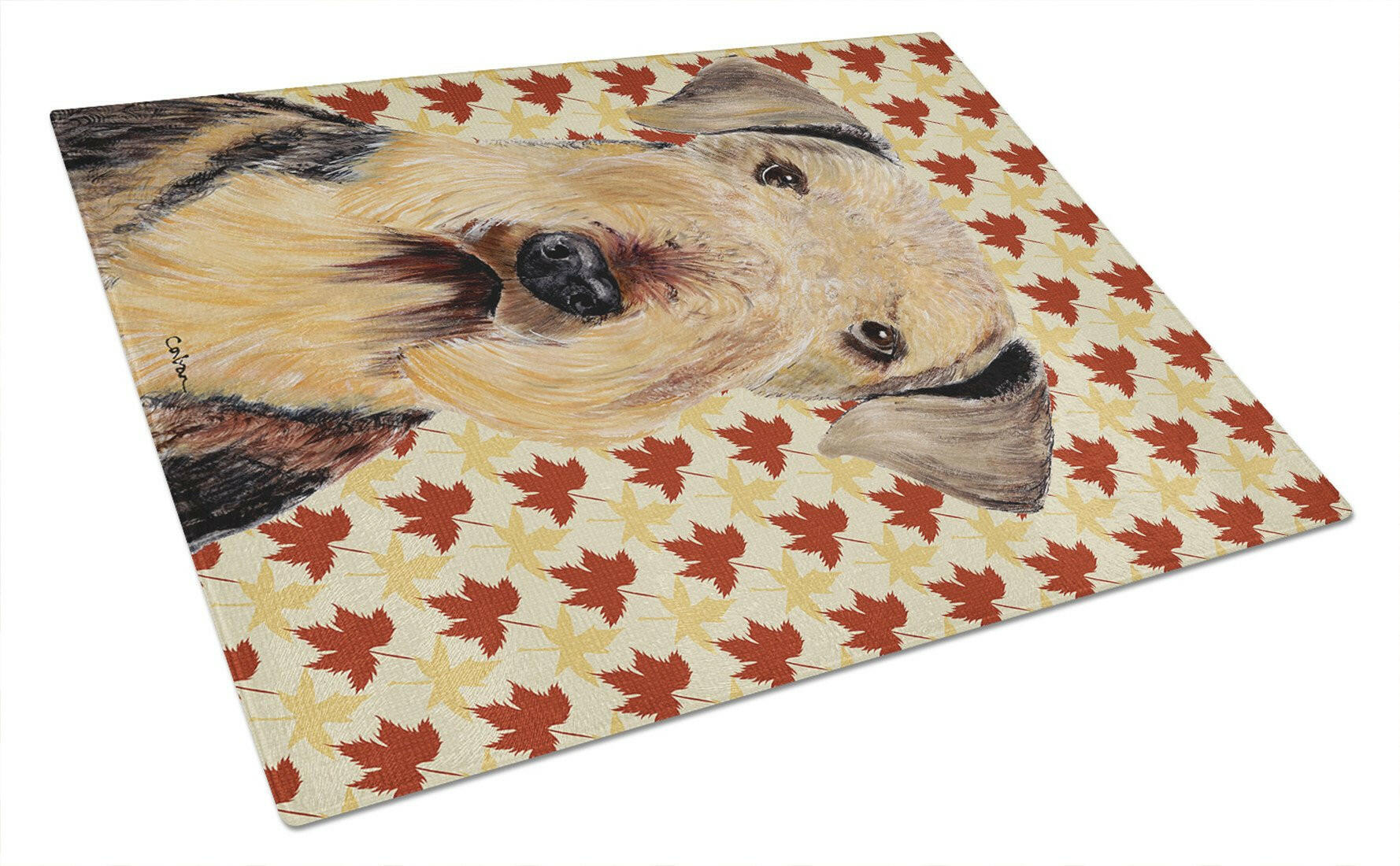 Airedale Fall Leaves Portrait Glass Cutting Board Large by Caroline's Treasures
