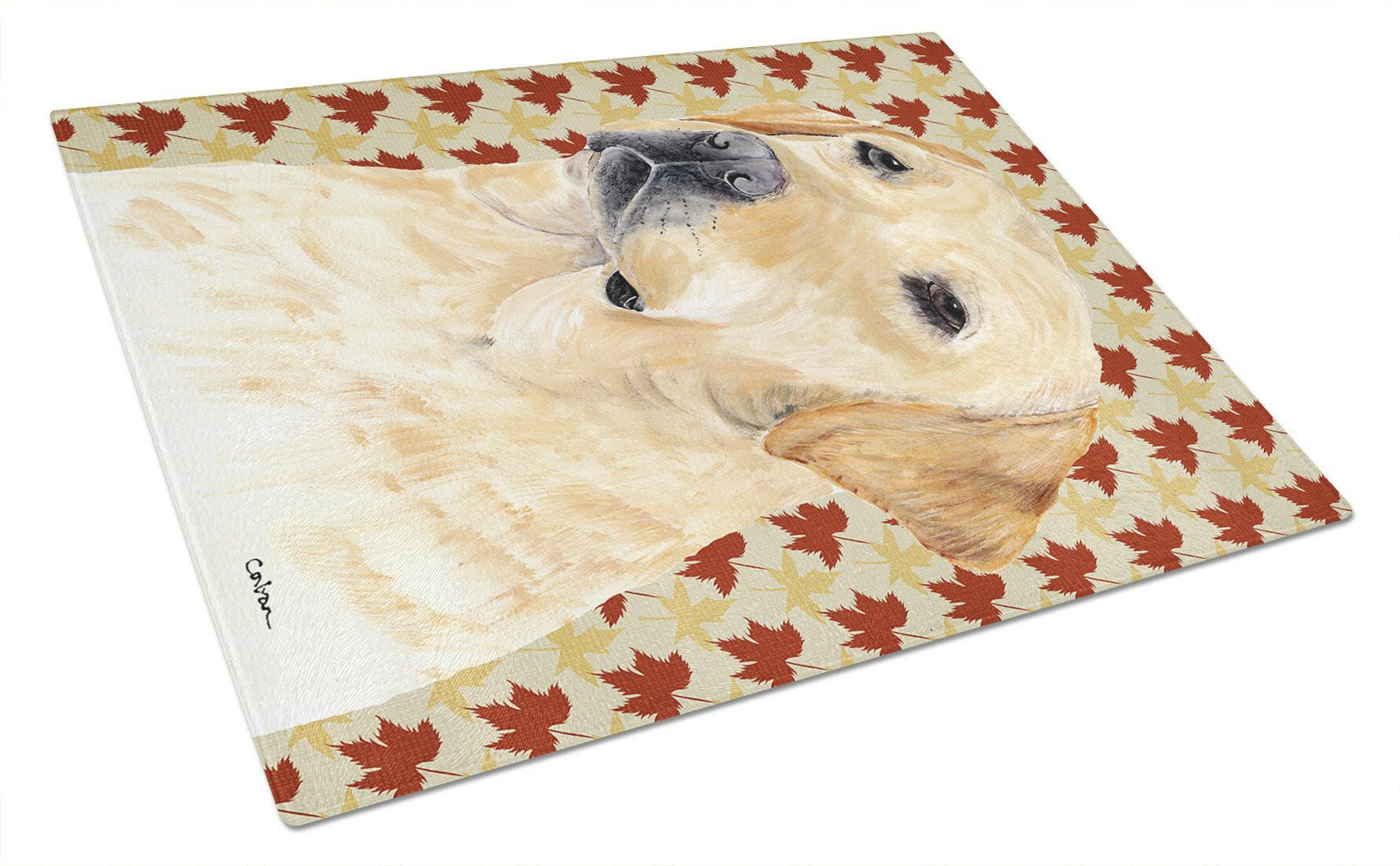 Labrador Yellow Fall Leaves Portrait Glass Cutting Board Large by Caroline's Treasures