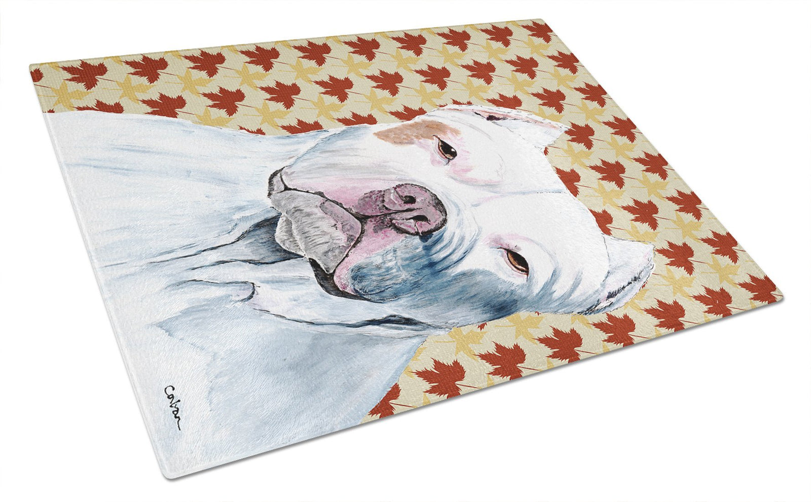 Pit Bull Fall Leaves Portrait Glass Cutting Board Large by Caroline's Treasures