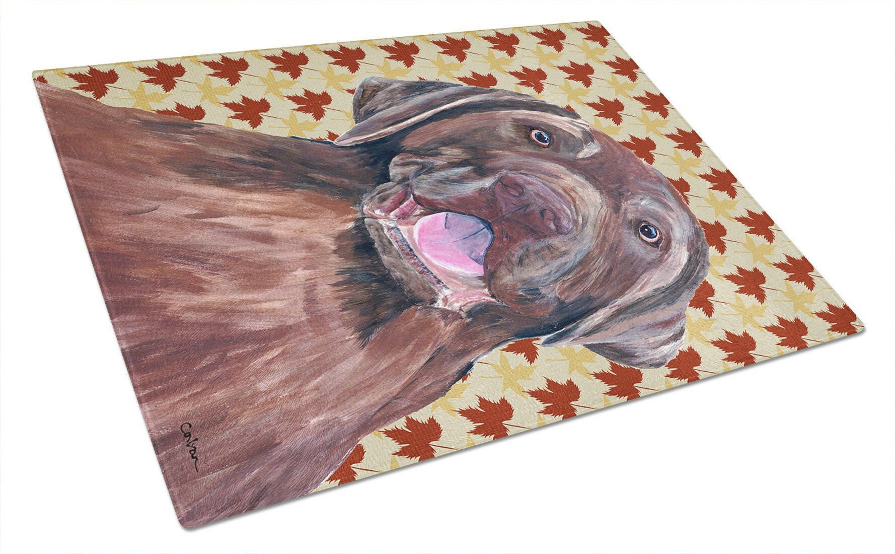 Labrador Chocolate Fall Leaves Portrait Glass Cutting Board Large by Caroline's Treasures