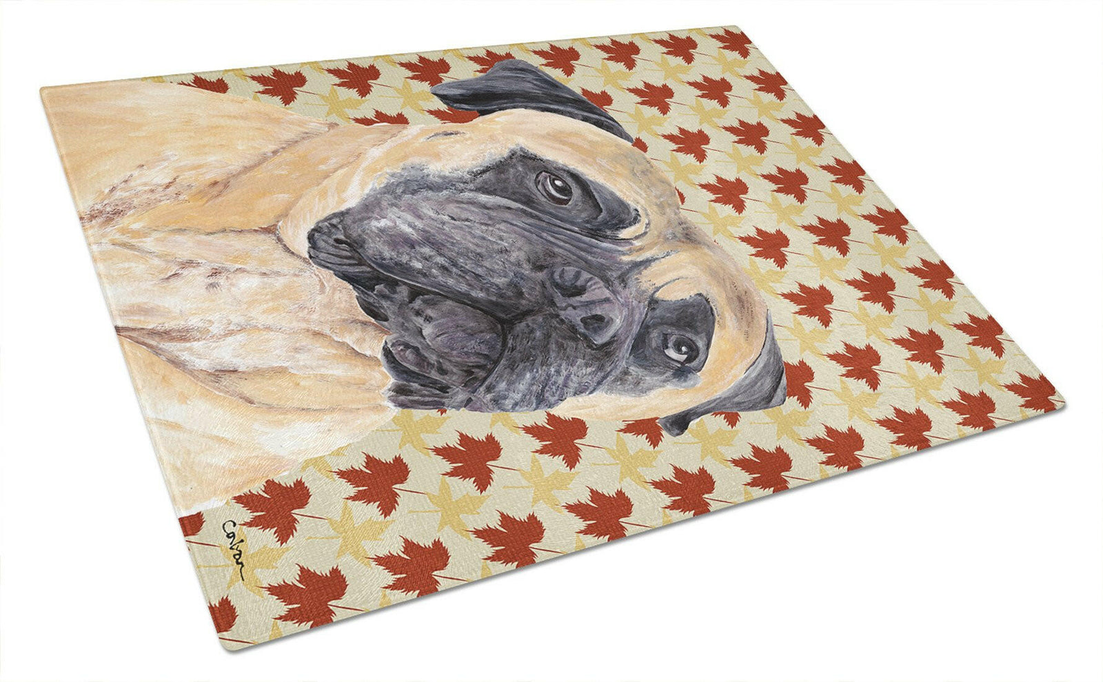Mastiff Fall Leaves Portrait Glass Cutting Board Large by Caroline's Treasures