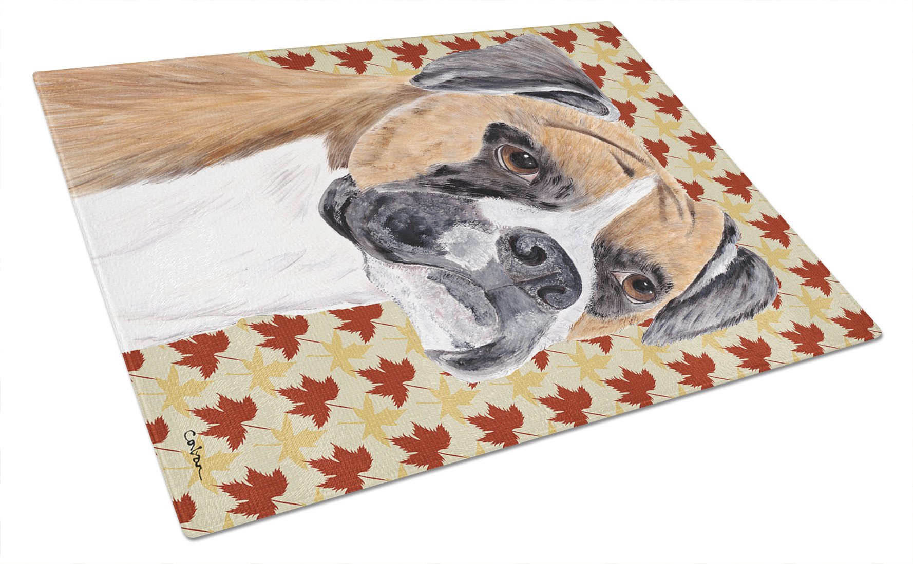 Boxer Fall Leaves Portrait Glass Cutting Board Large by Caroline's Treasures
