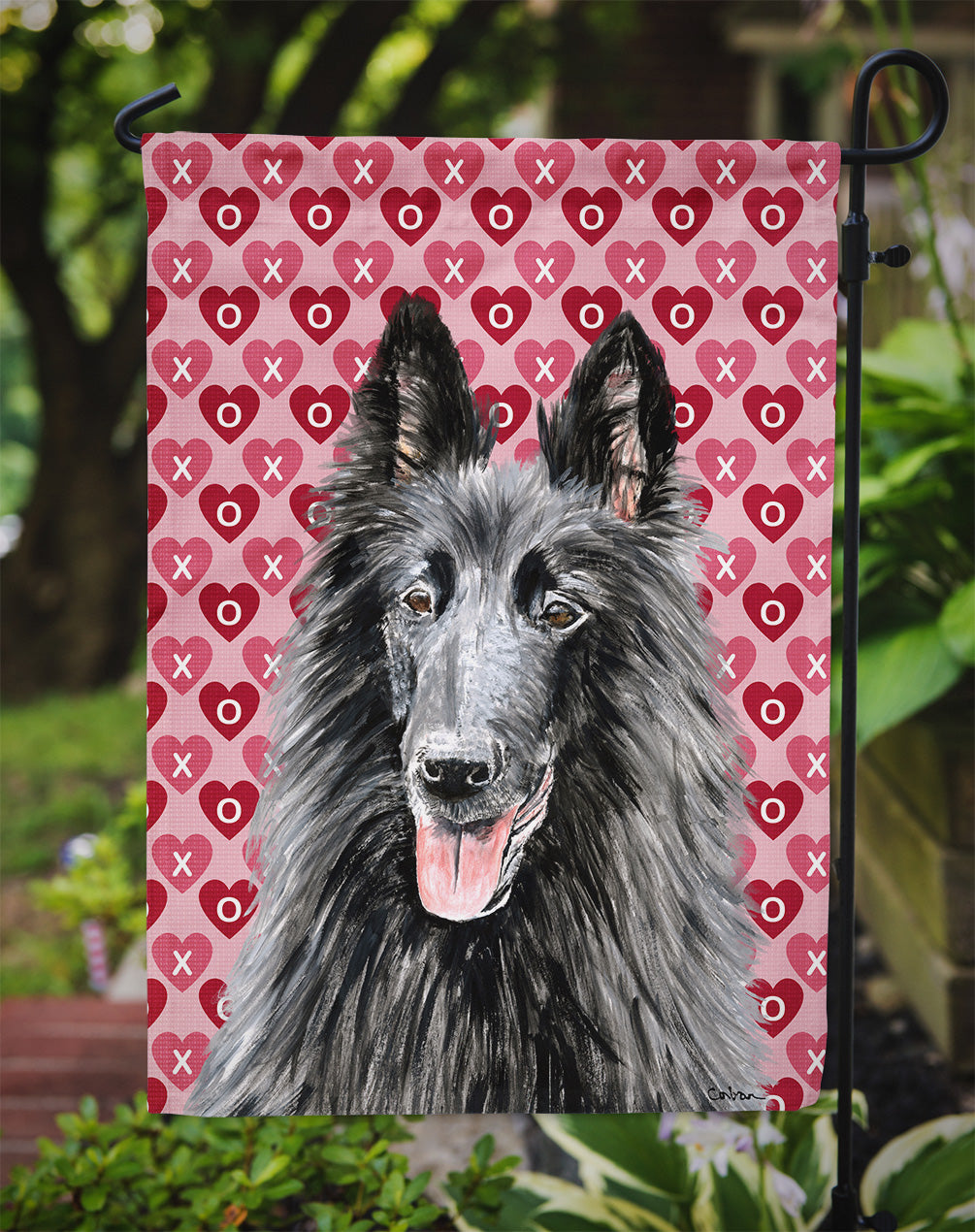 Belgian Sheepdog Hearts Love and Valentine's Day Portrait Flag Garden Size.