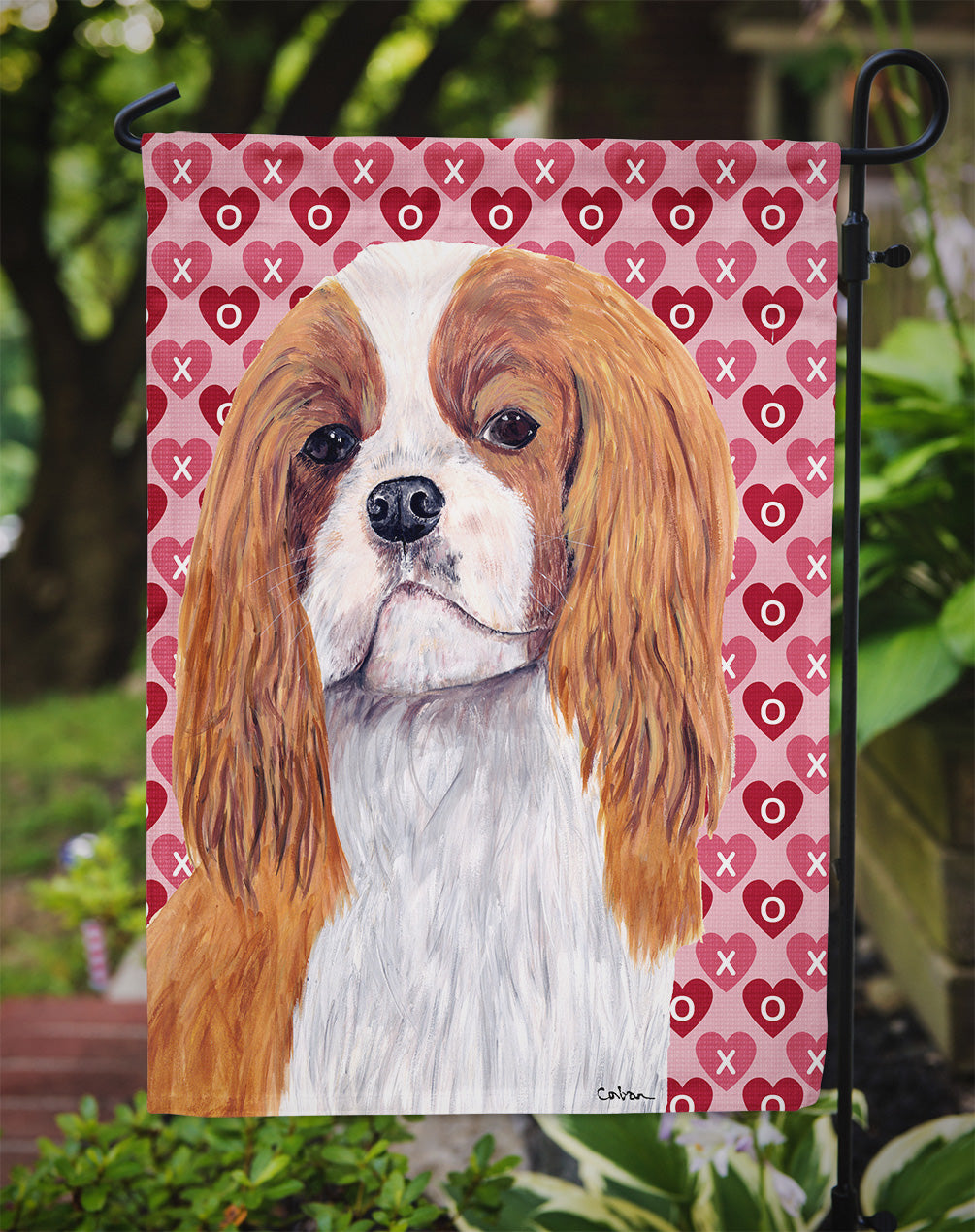 Cavalier Spaniel Hearts Love and Valentine's Day Portrait Flag Garden Size.