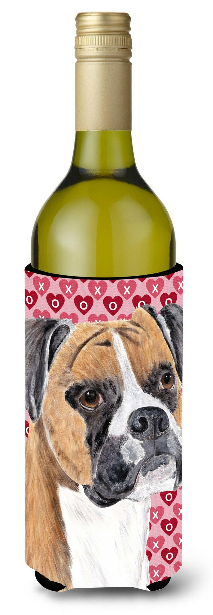 Boxer Hearts Love and Valentine&#39;s Day Portrait Wine Bottle Beverage Insulator Beverage Insulator Hugger by Caroline&#39;s Treasures