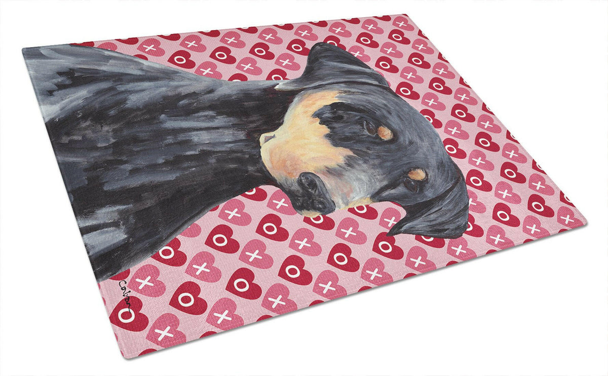 Doberman Hearts Love and Valentine&#39;s Day Portrait Glass Cutting Board Large by Caroline&#39;s Treasures